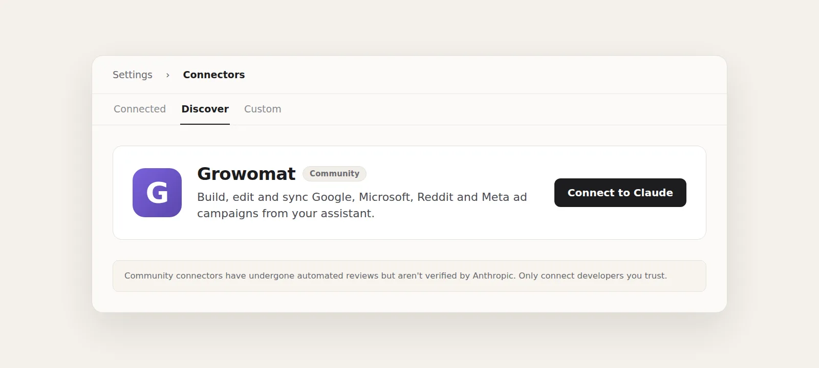 The Growomat card in the Claude connectors directory, with a Community label beside the name, the one-line description underneath, and a Connect to Claude button on the right.