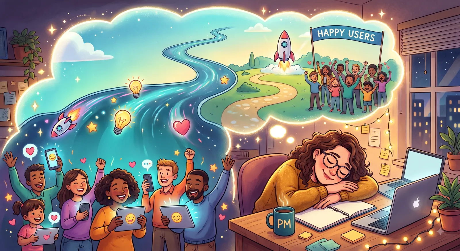 A product manager asleep at their desk, dreaming of a winding path that carries new features out to a crowd of delighted users.