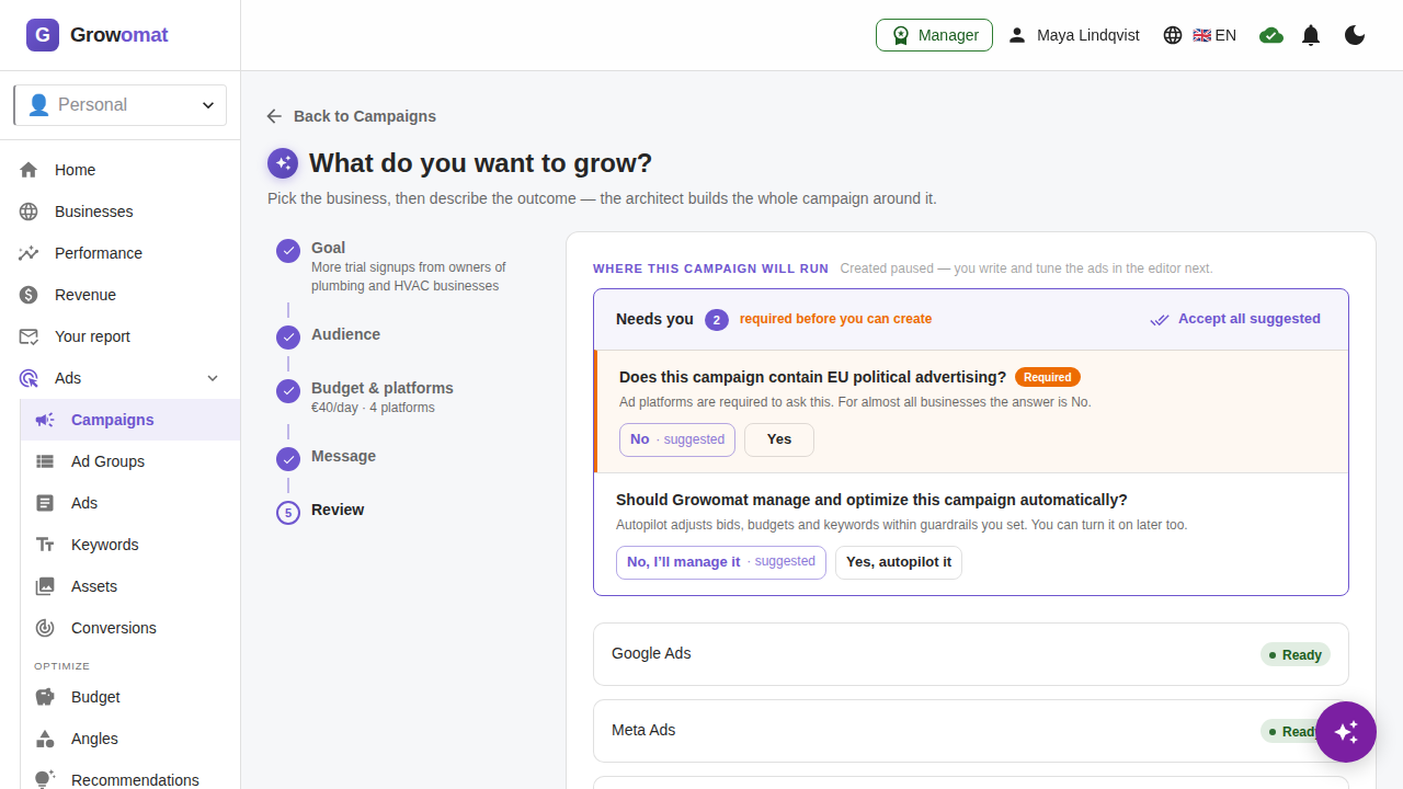 Growomat drafting a campaign from a business profile, the flow Meta Ads joins