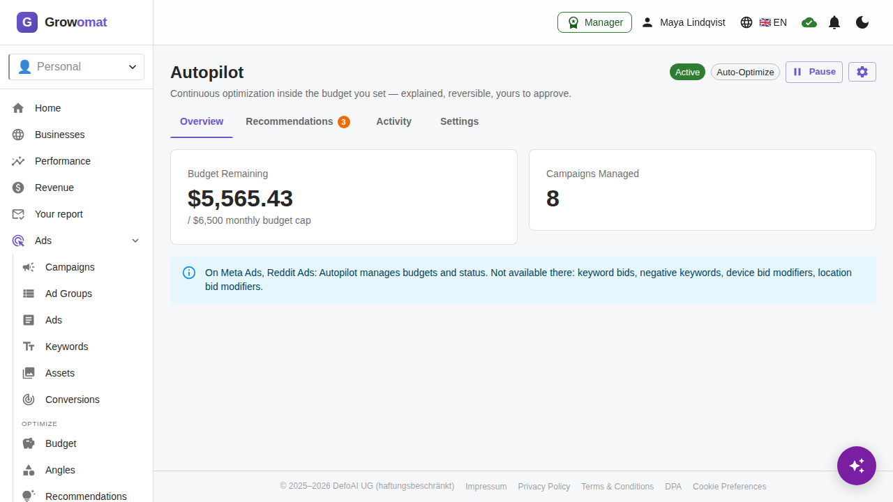 The Autopilot dashboard: every campaign under management, with its budget cap and current status