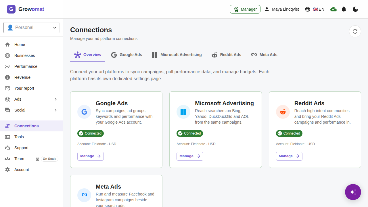 Connecting a Google Ads account to Growomat, showing the accounts available to link
