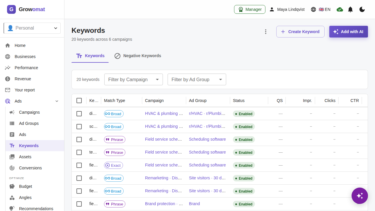 The keyword list with match types, and the negative lists beside it