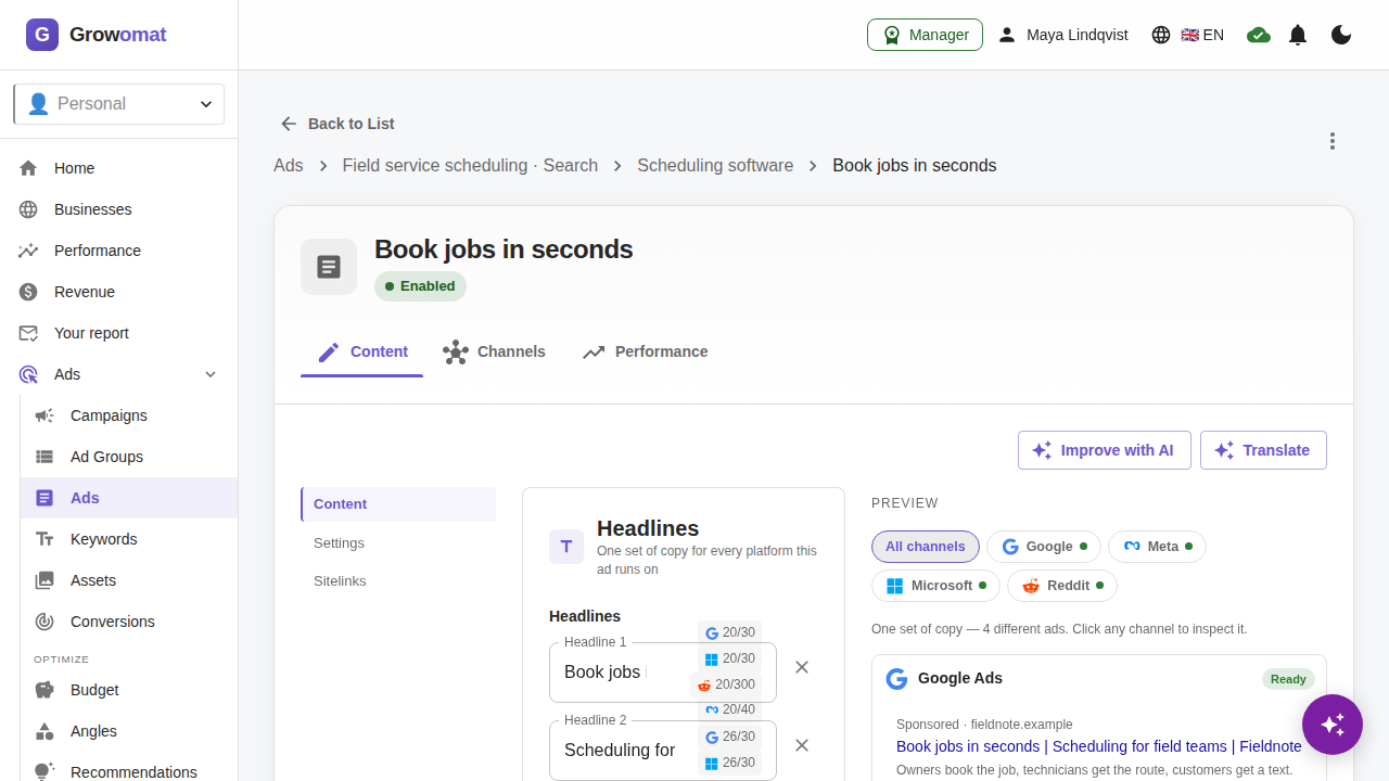 An ad draft in review, with per-field character counts against the platform's limits